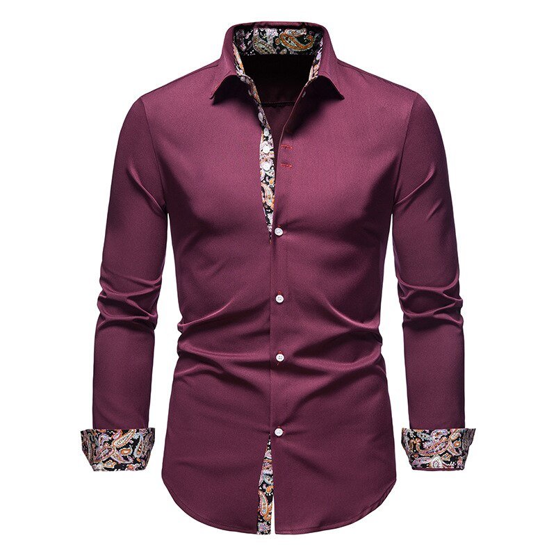 Purple shirt with floral cuffs and collar on a white background