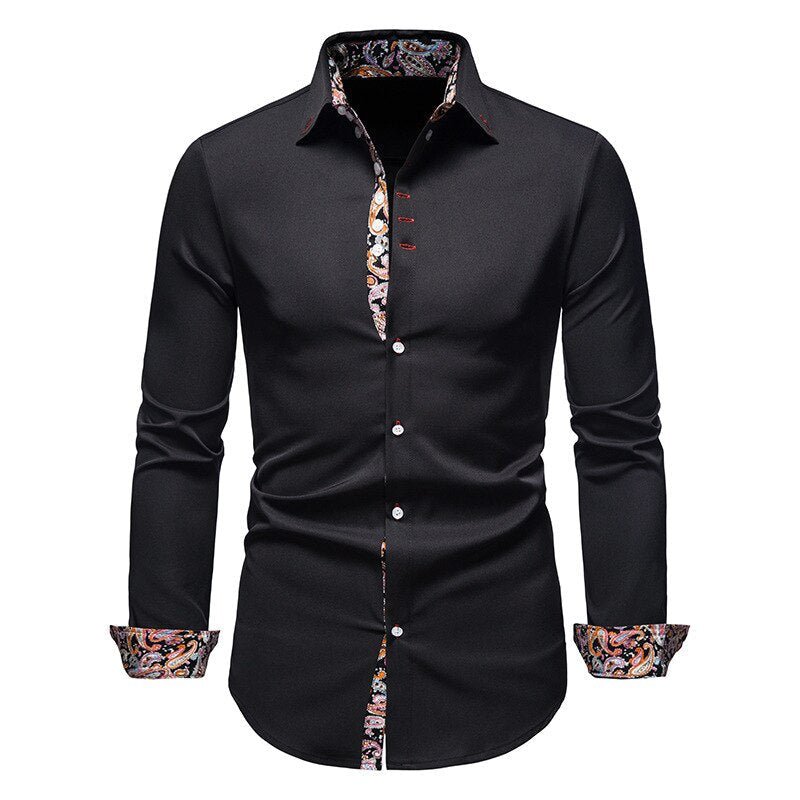 Black shirt with floral patterns on collar and cuffs against a white background