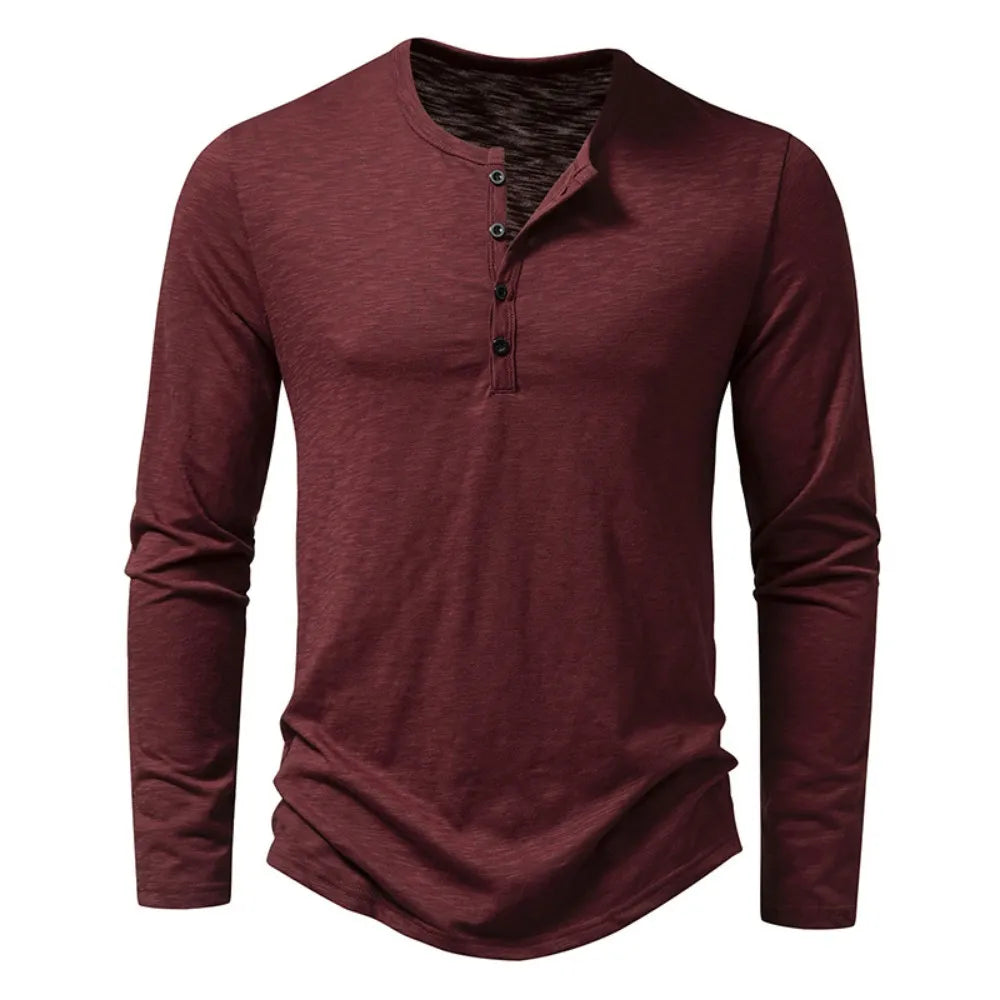 Maroon long-sleeve henley shirt on a white background