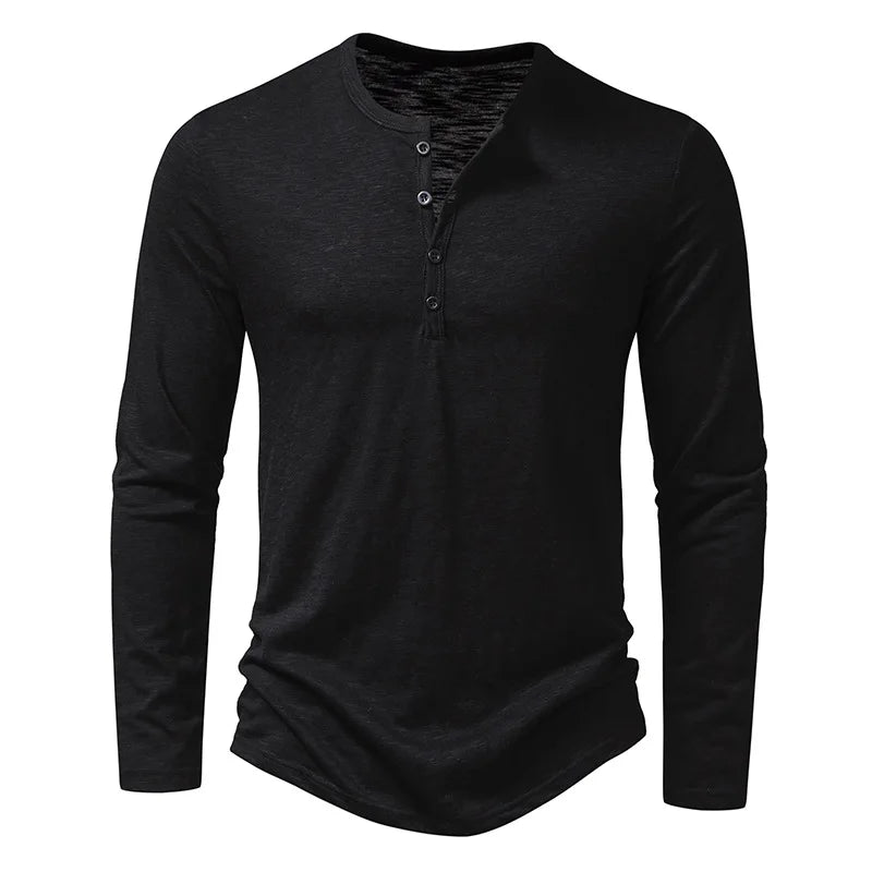 Black long-sleeve henley shirt on a white background