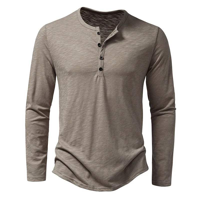 Brown long-sleeve henley shirt on a white background