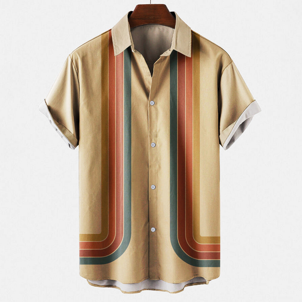 Beige shirt with colorful stripe pattern on a white background