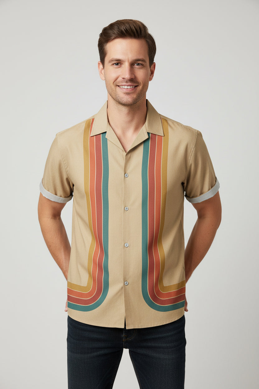 Beige shirt with colorful stripe pattern on a white background