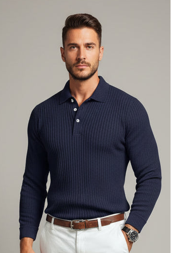 Man wearing a navy ribbed sweater over a white shirt with a blurred background