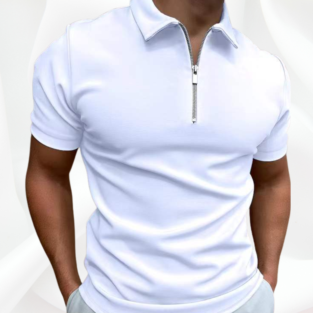 White polo shirt with a zipper on a plain background