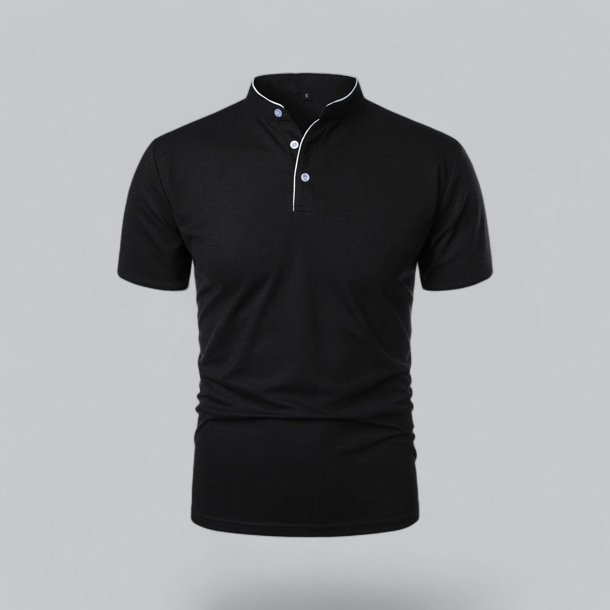 Black polo shirt with white buttons on a gray background