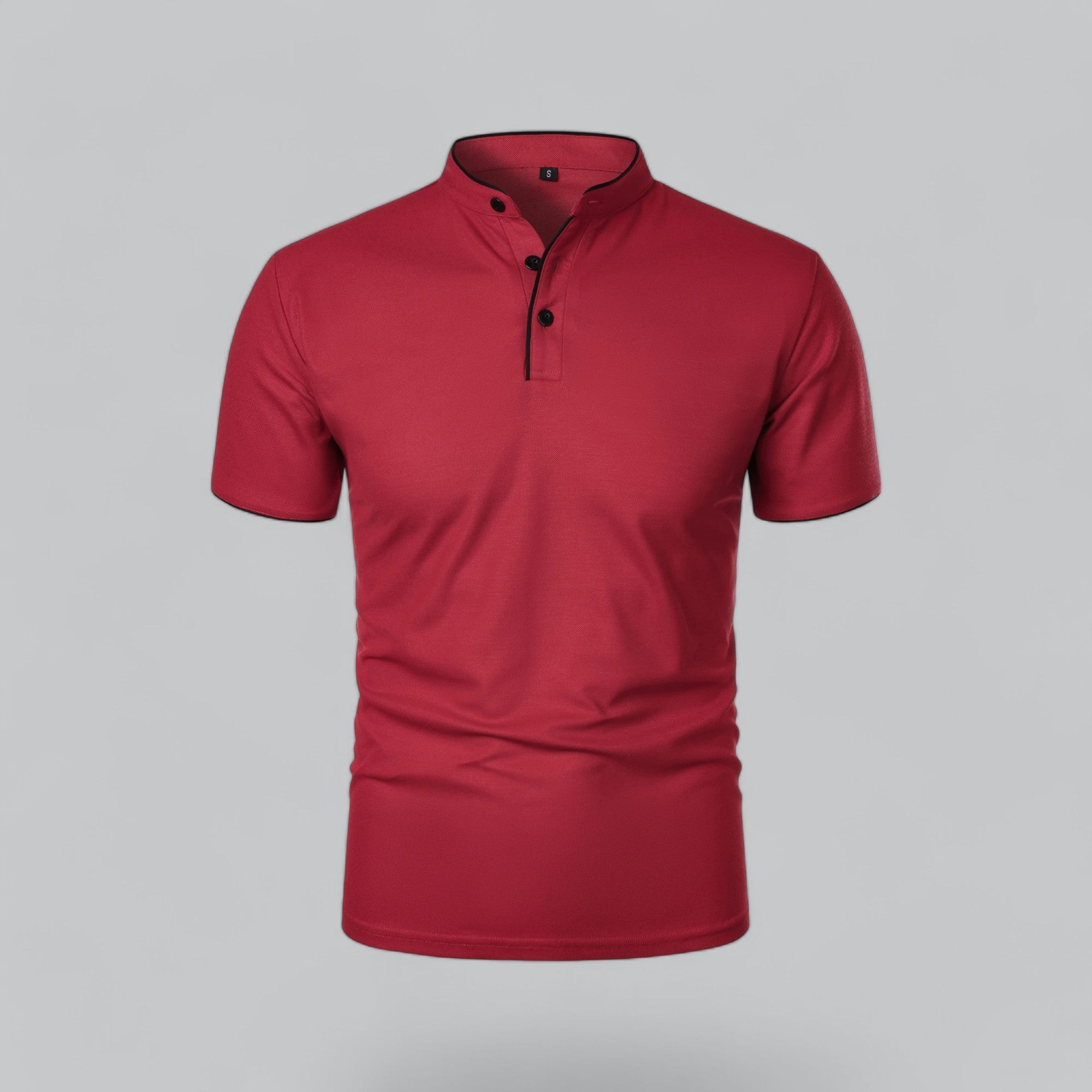 Red short-sleeve shirt with black buttons on a gray background