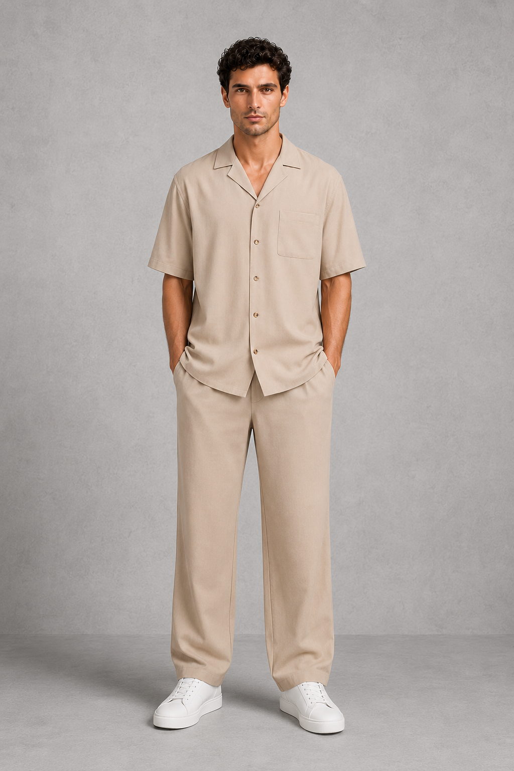 Man wearing a beige shirt and pants set against a gray background