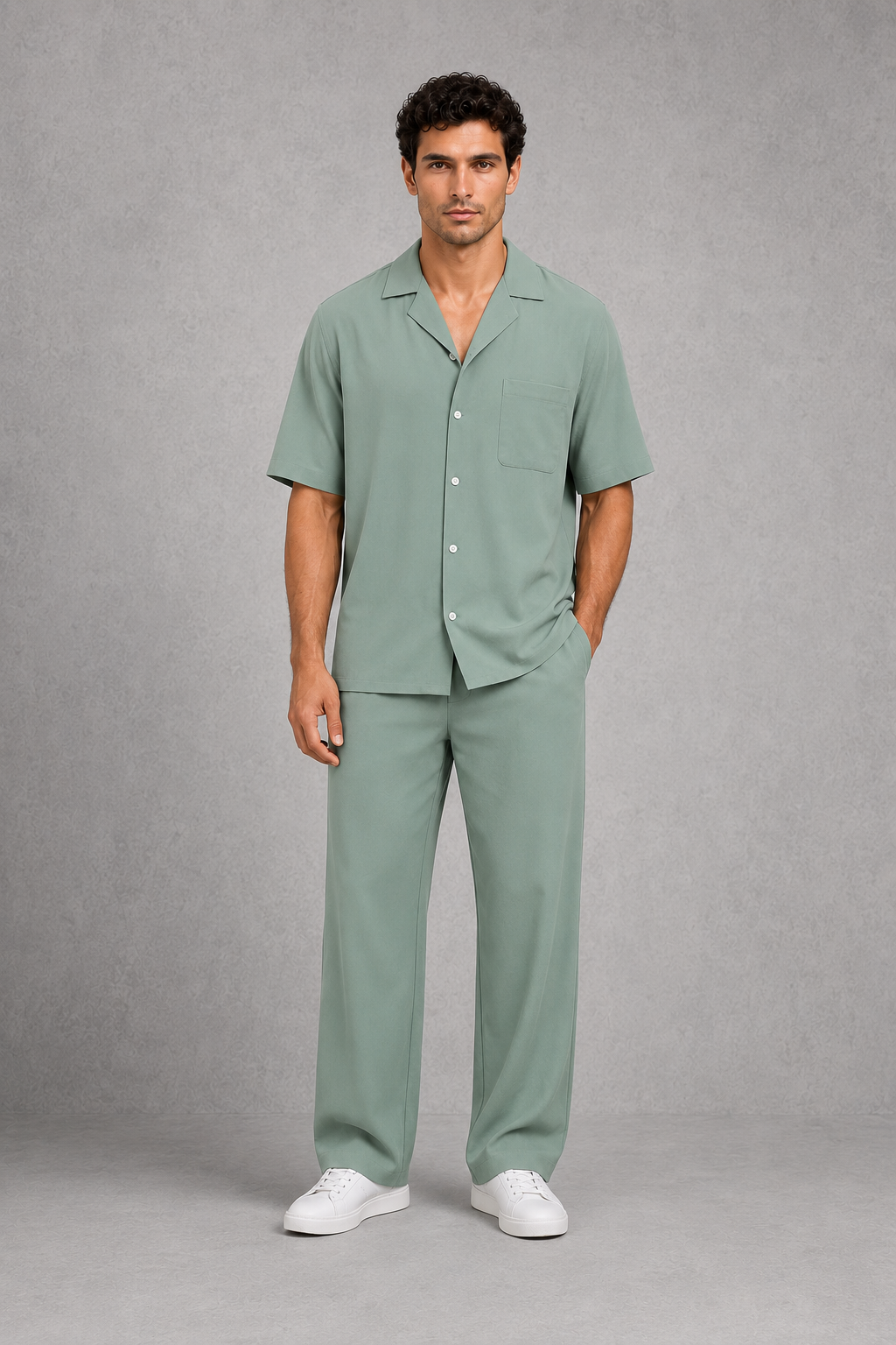 Man wearing a green pajama set against a gray background