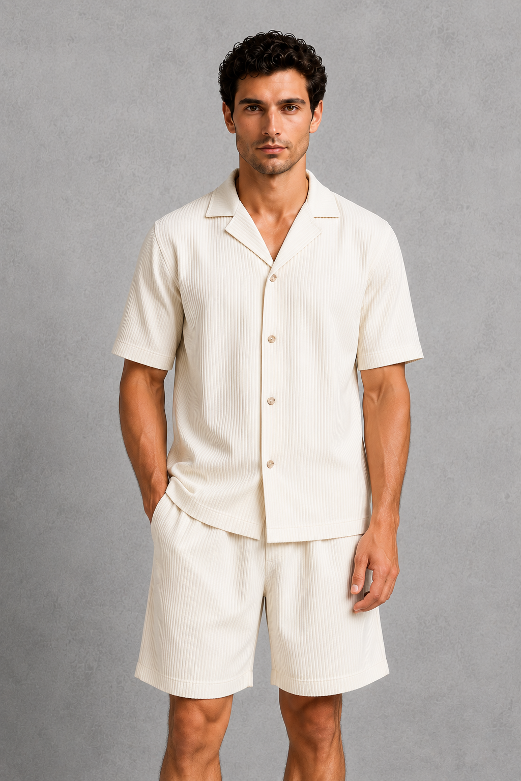 Man wearing a cream-colored outfit with a shirt and shorts on a gray background