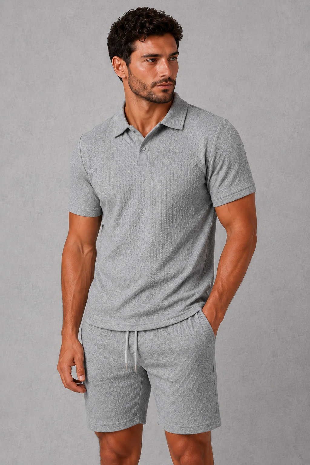 Man wearing a gray polo shirt and shorts against a gray background