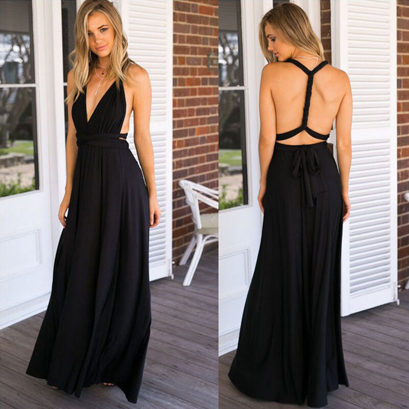 Black evening gown displayed from front and back views on a wooden deck.