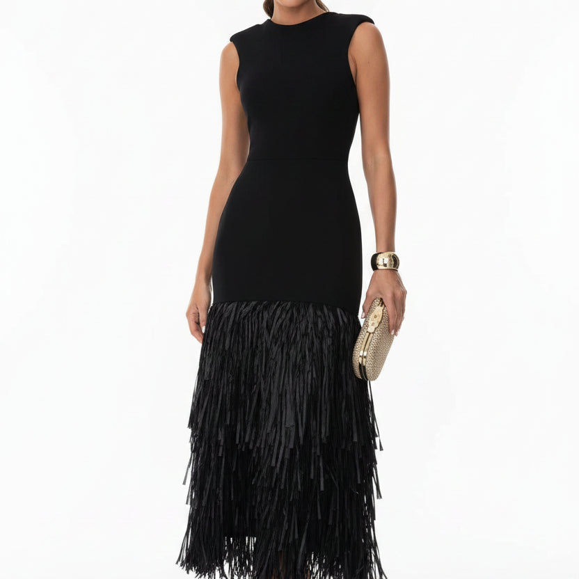 Raffia knit midi dress with tassel detailing and stretch fit silhouette