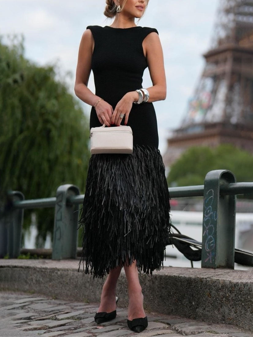 Raffia knit midi dress with tassel detailing and stretch fit silhouette