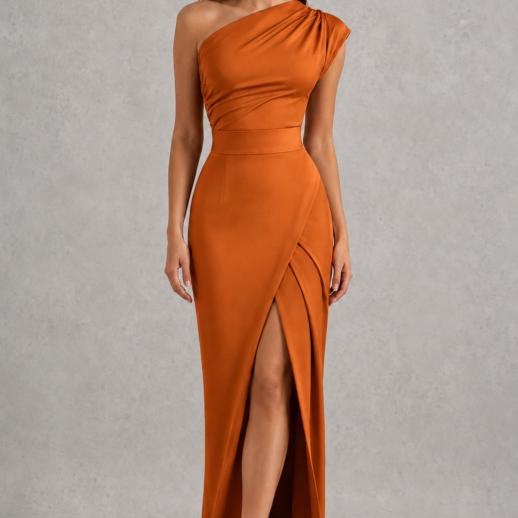 Woman wearing a one-shoulder orange dress with a slit on a gray background