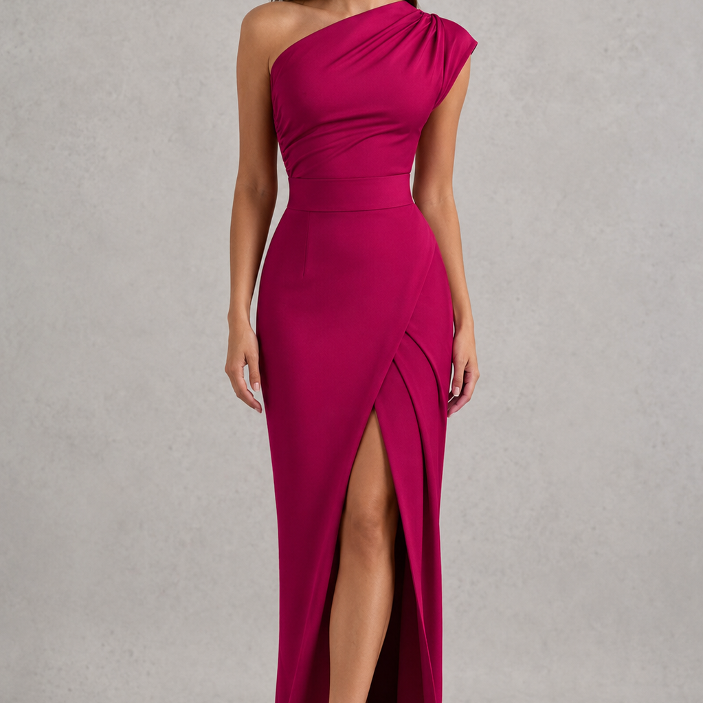 Woman wearing a magenta one-shoulder dress with a slit on a gray background