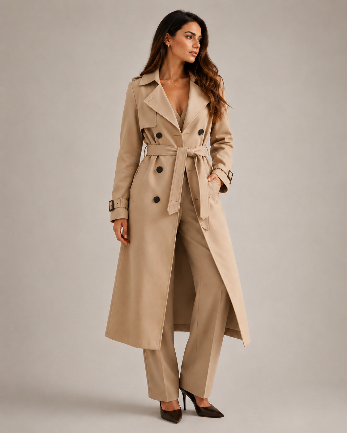 Woman wearing a gray trench coat on a plain background