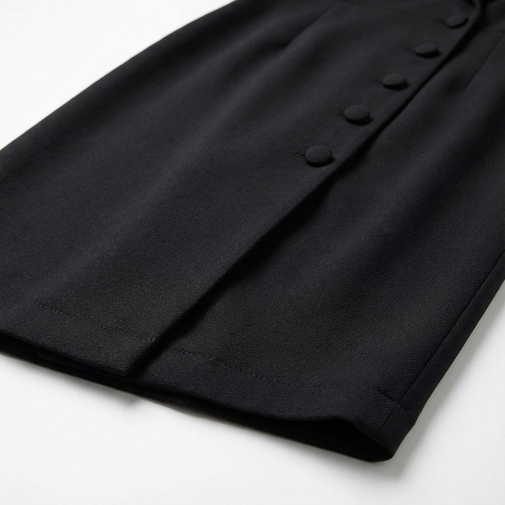 Black skirt with button details on a white background