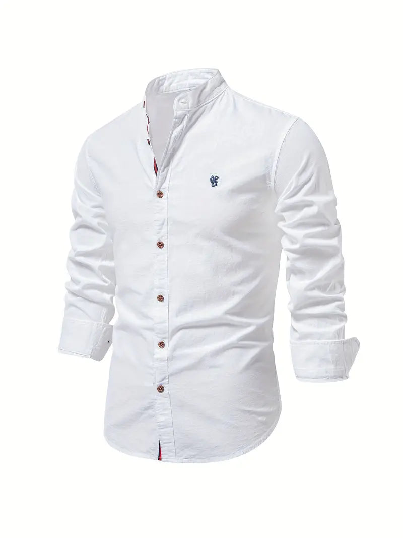 White button-up shirt with a small logo on a white background