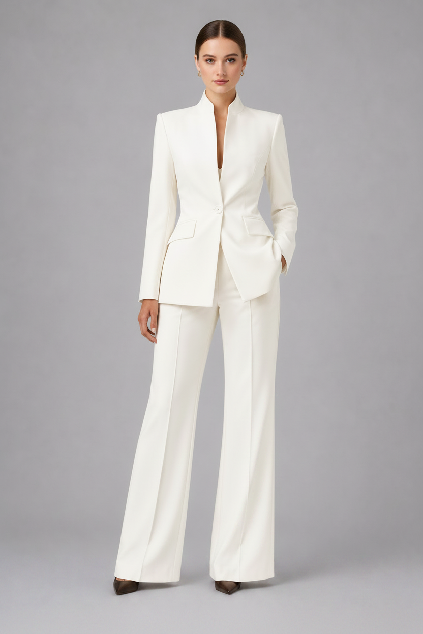 Woman wearing a white suit on a gray background