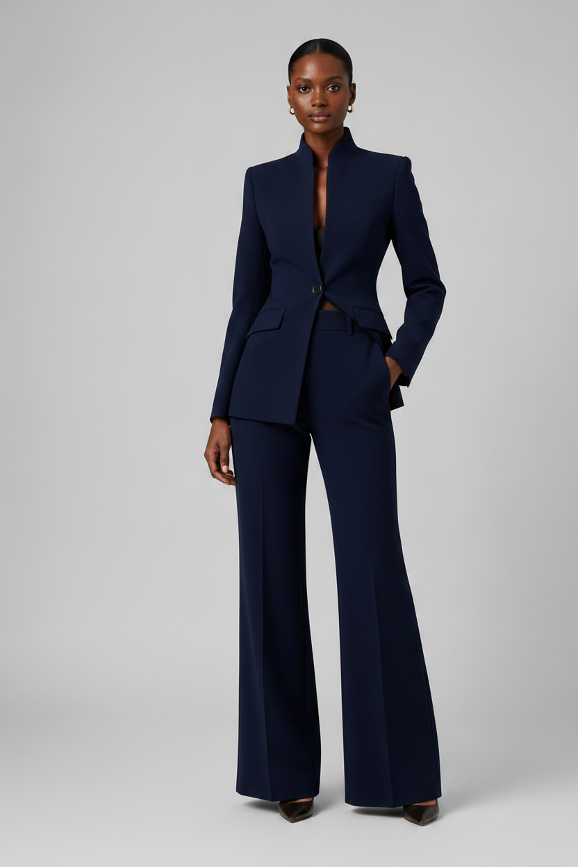 Woman wearing a navy blue suit on a gray background
