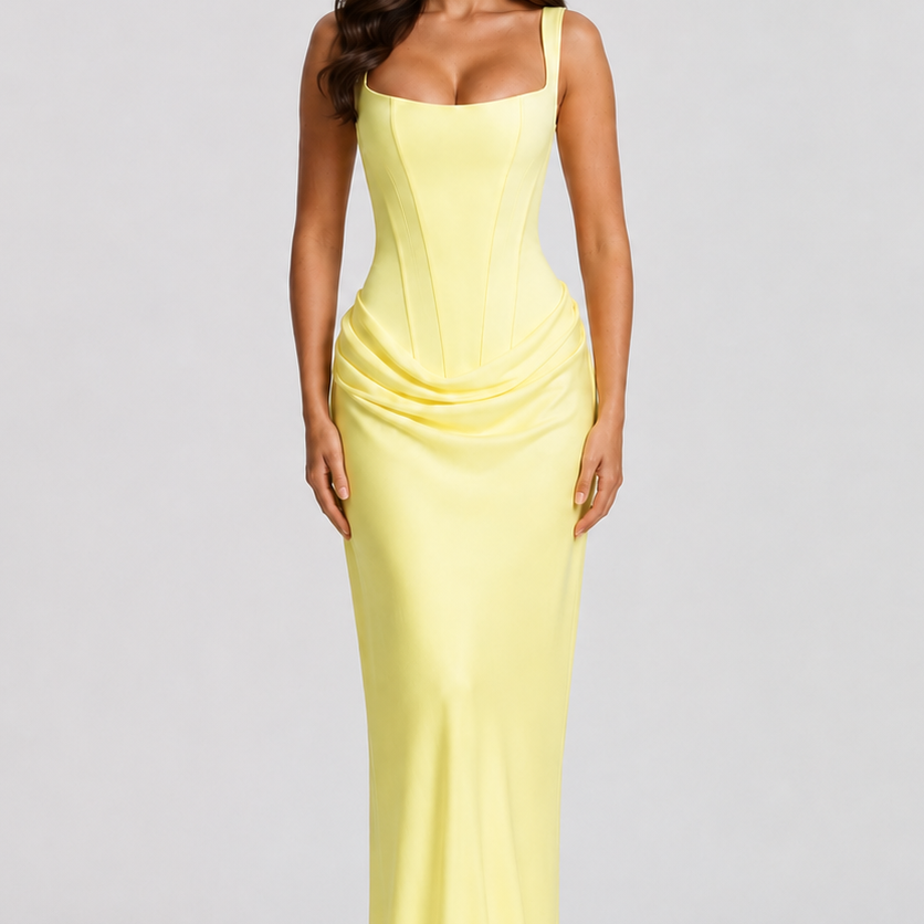 Woman wearing a yellow evening gown on a gray background