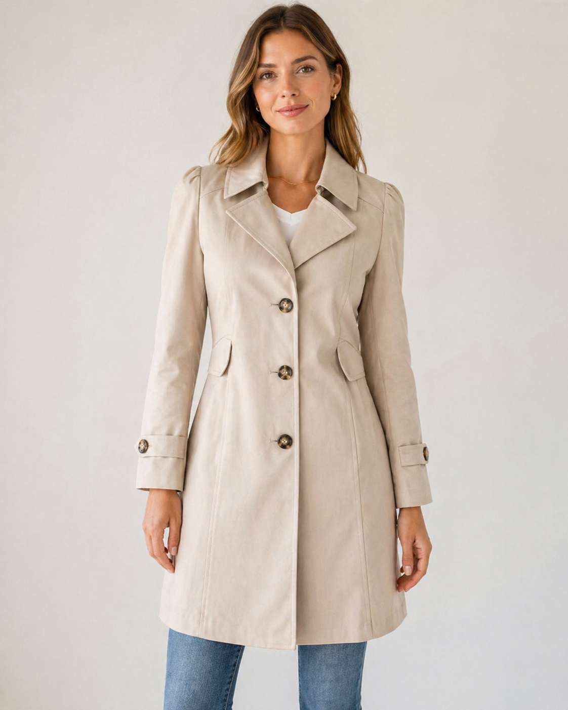 Woman wearing a beige trench coat against a plain background