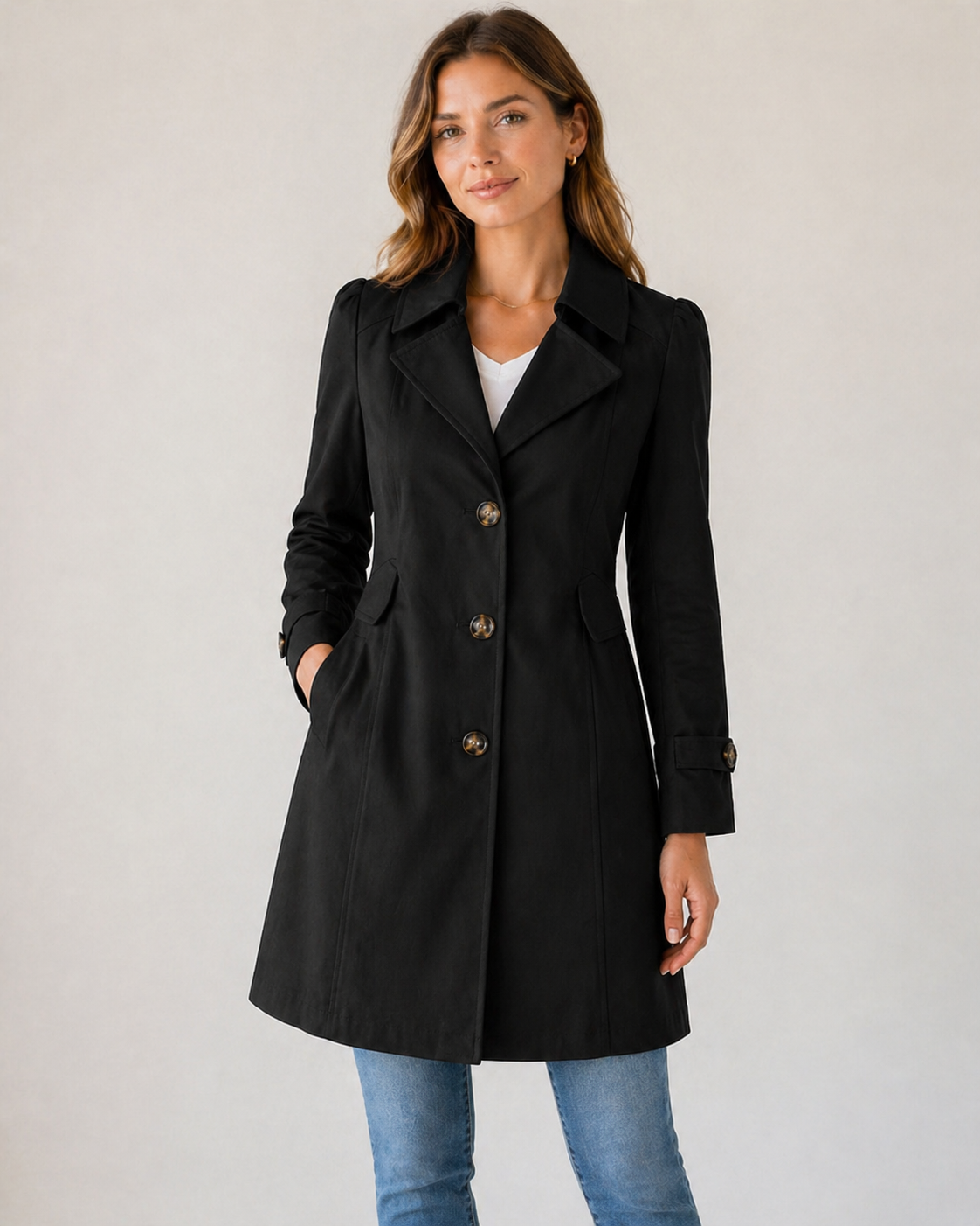 Woman wearing a black coat on a plain background