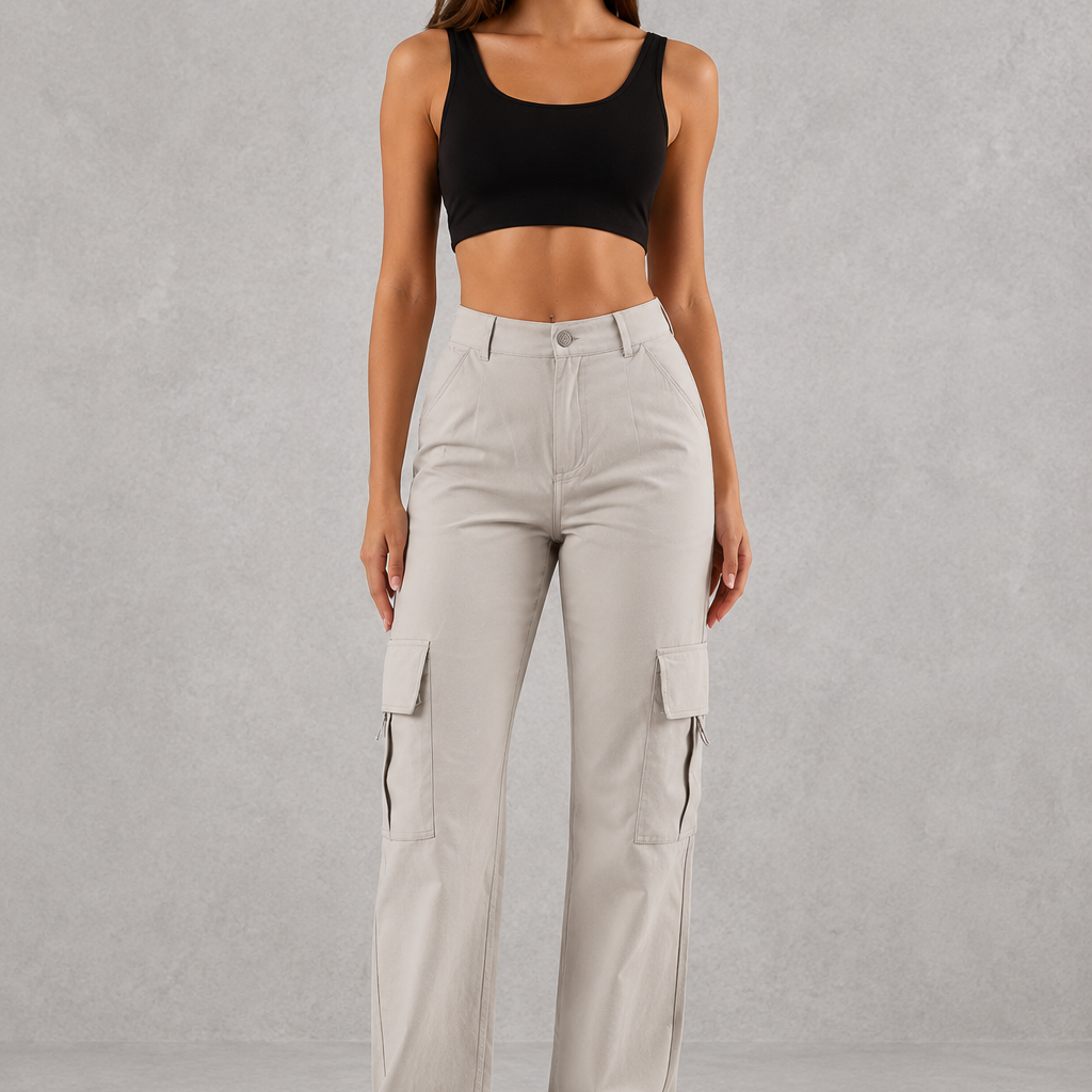 Woman wearing beige cargo pants and a black top on a gray background
