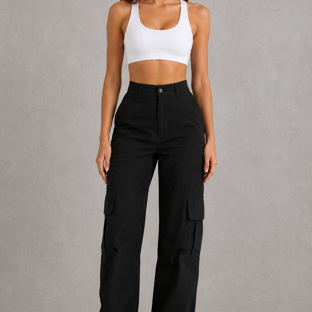 Woman wearing a white tank top and black cargo pants on a gray background