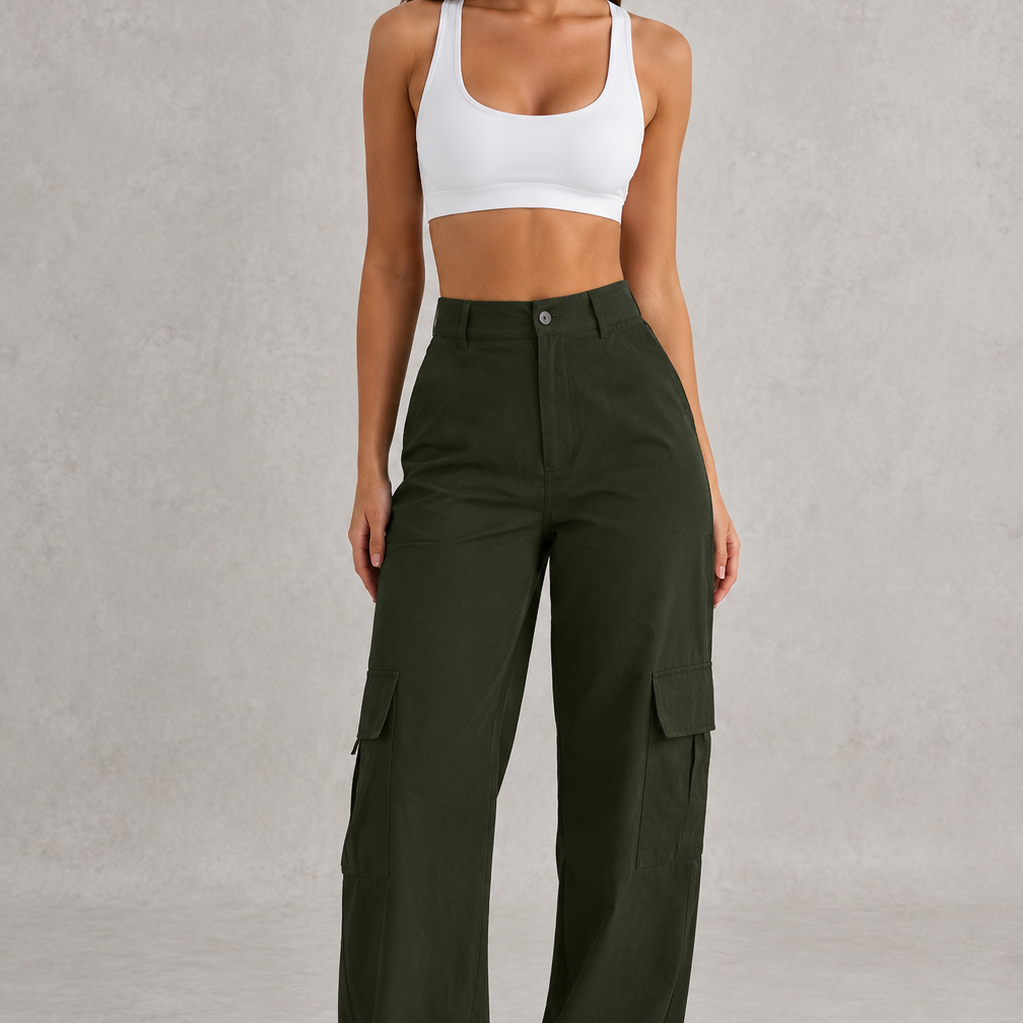 Woman wearing a white sports bra and green cargo pants on a gray background