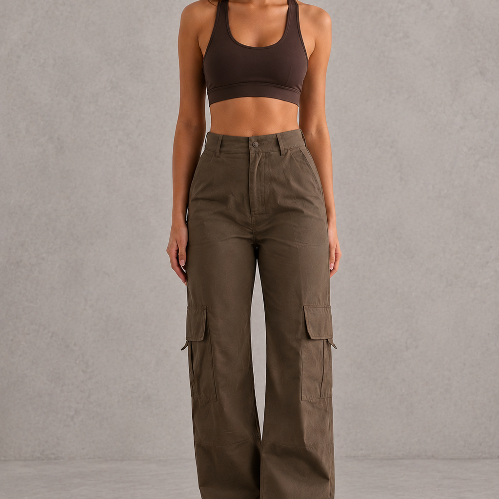 Woman wearing a brown sports bra and cargo pants against a gray background