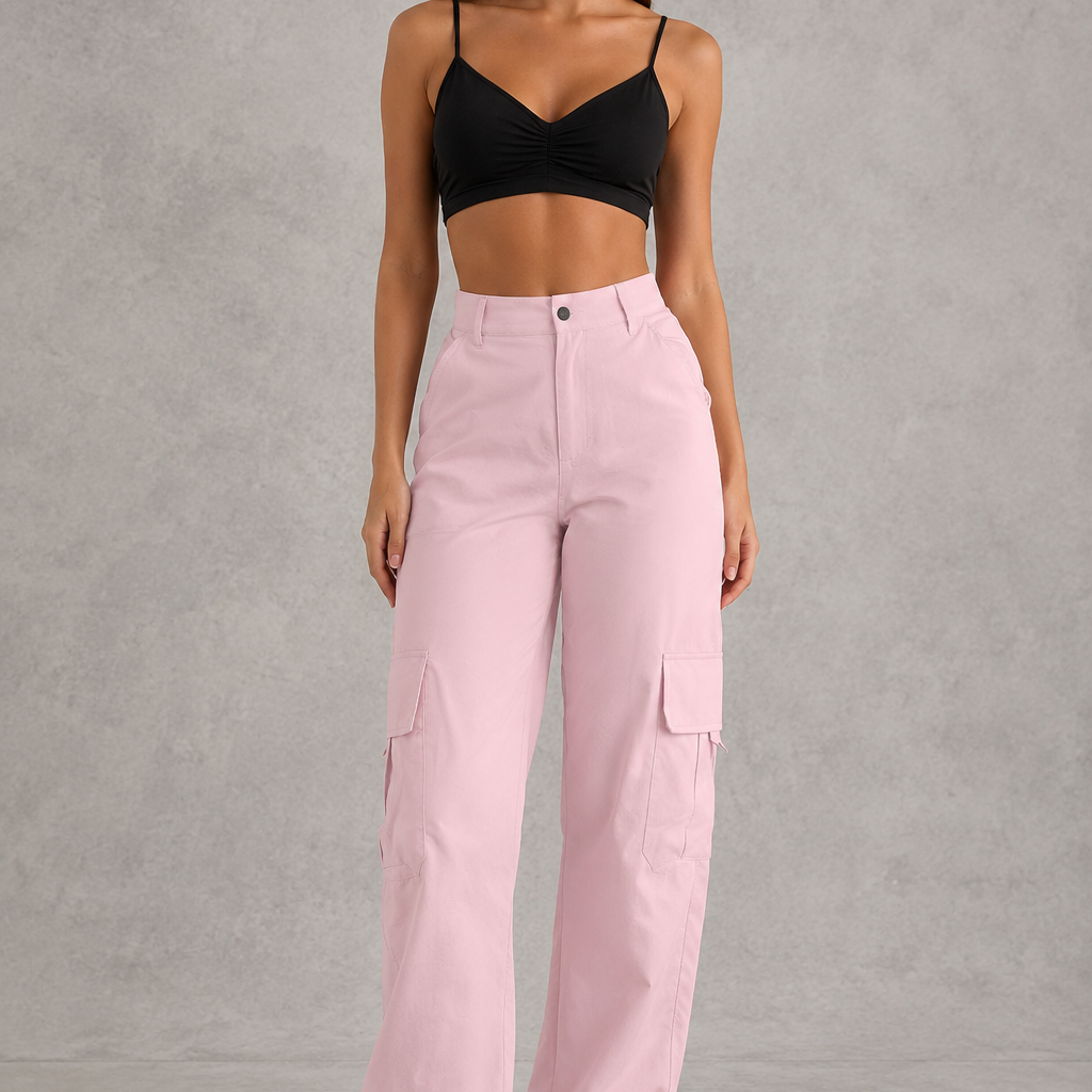 Woman wearing a black crop top and pink cargo pants on a gray background