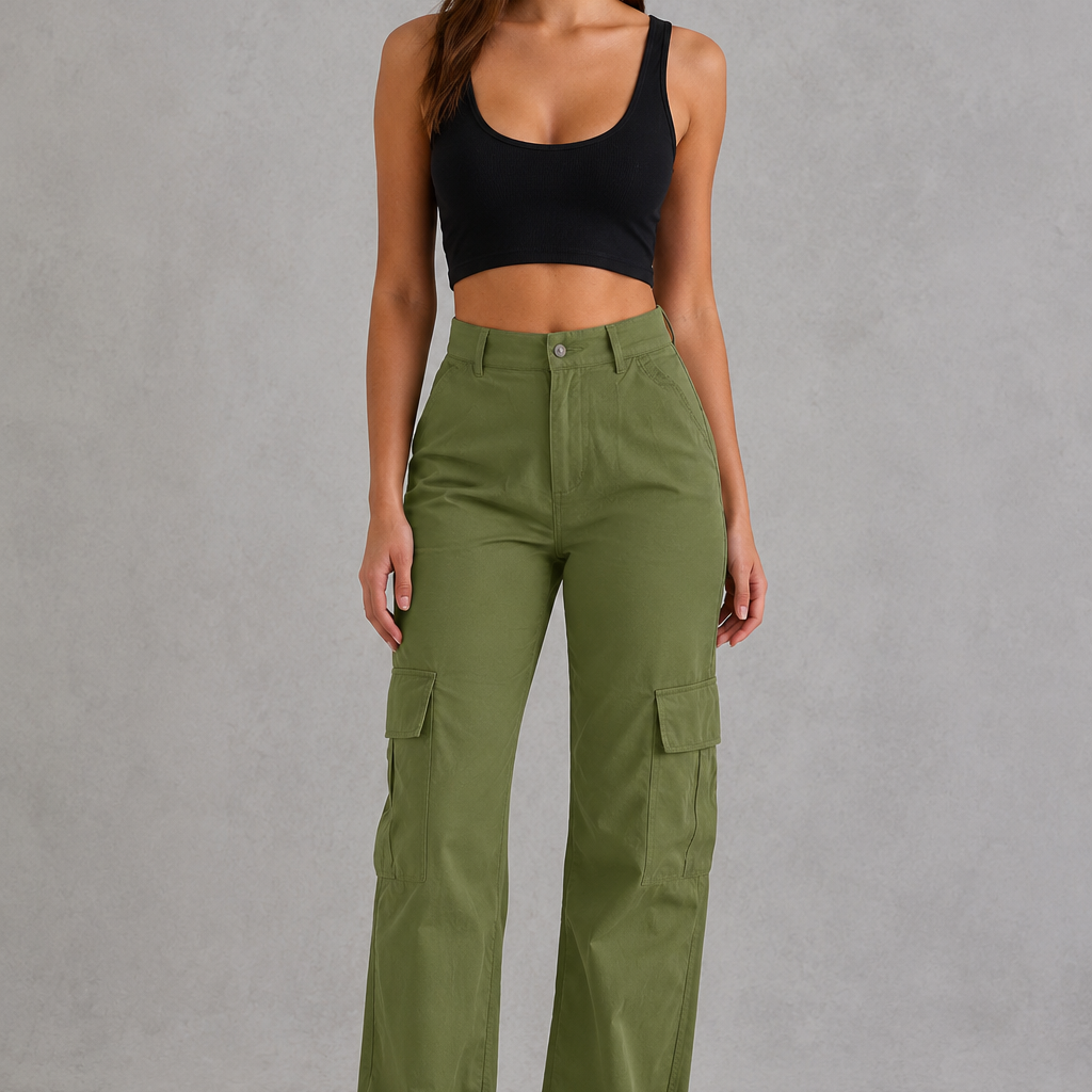 Woman wearing green cargo pants and a black top on a gray background
