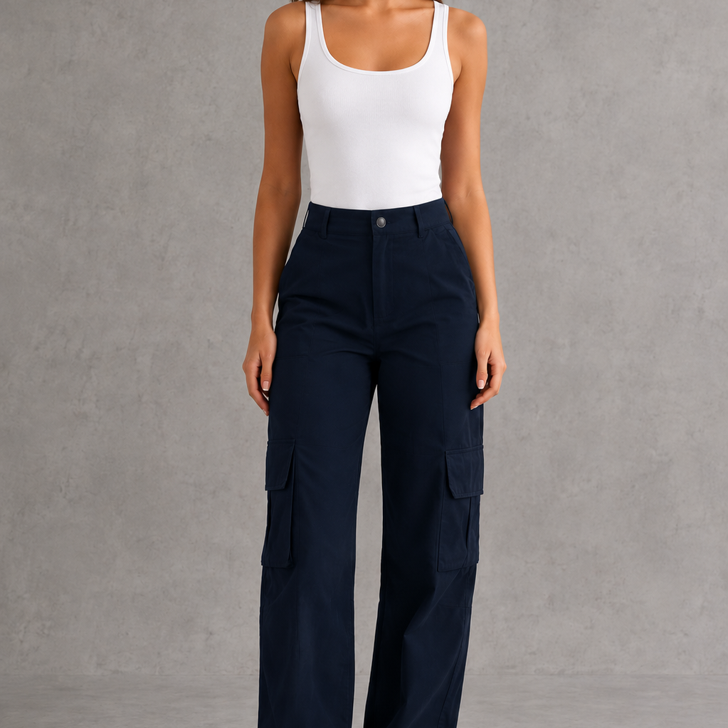 Woman wearing a white tank top and navy cargo pants against a gray background