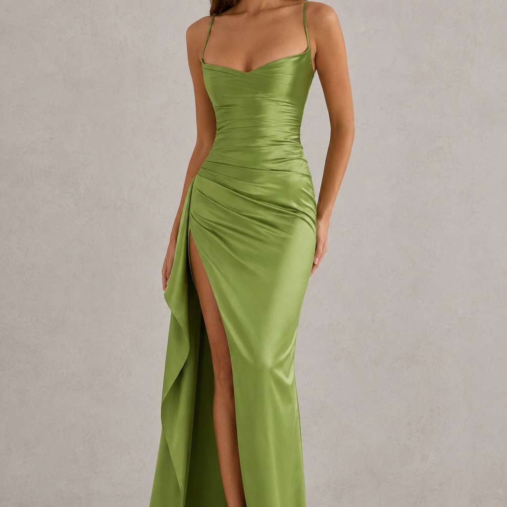 Woman wearing a green evening gown with a slit on a plain background
