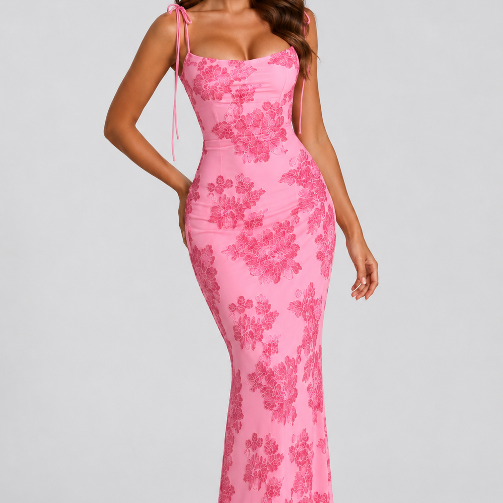 Woman wearing a pink floral dress on a gray background