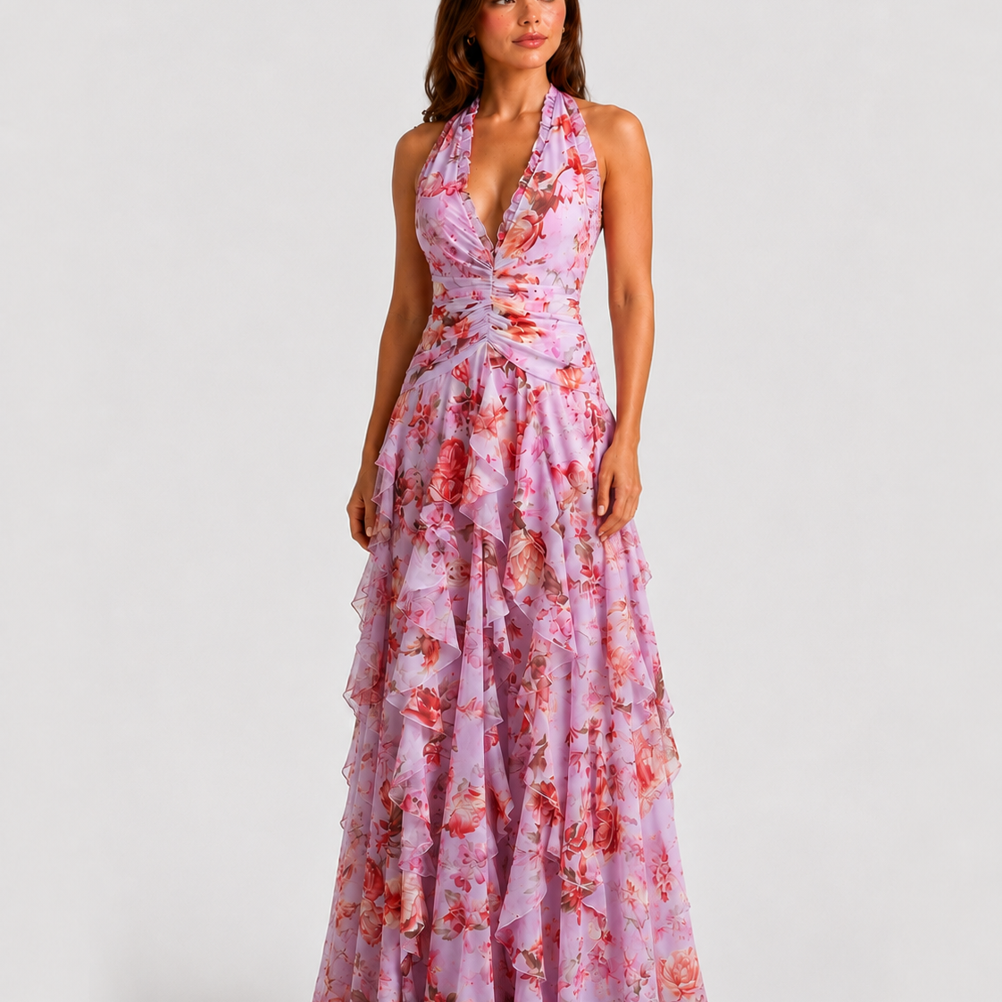 Woman wearing a floral dress on a white background