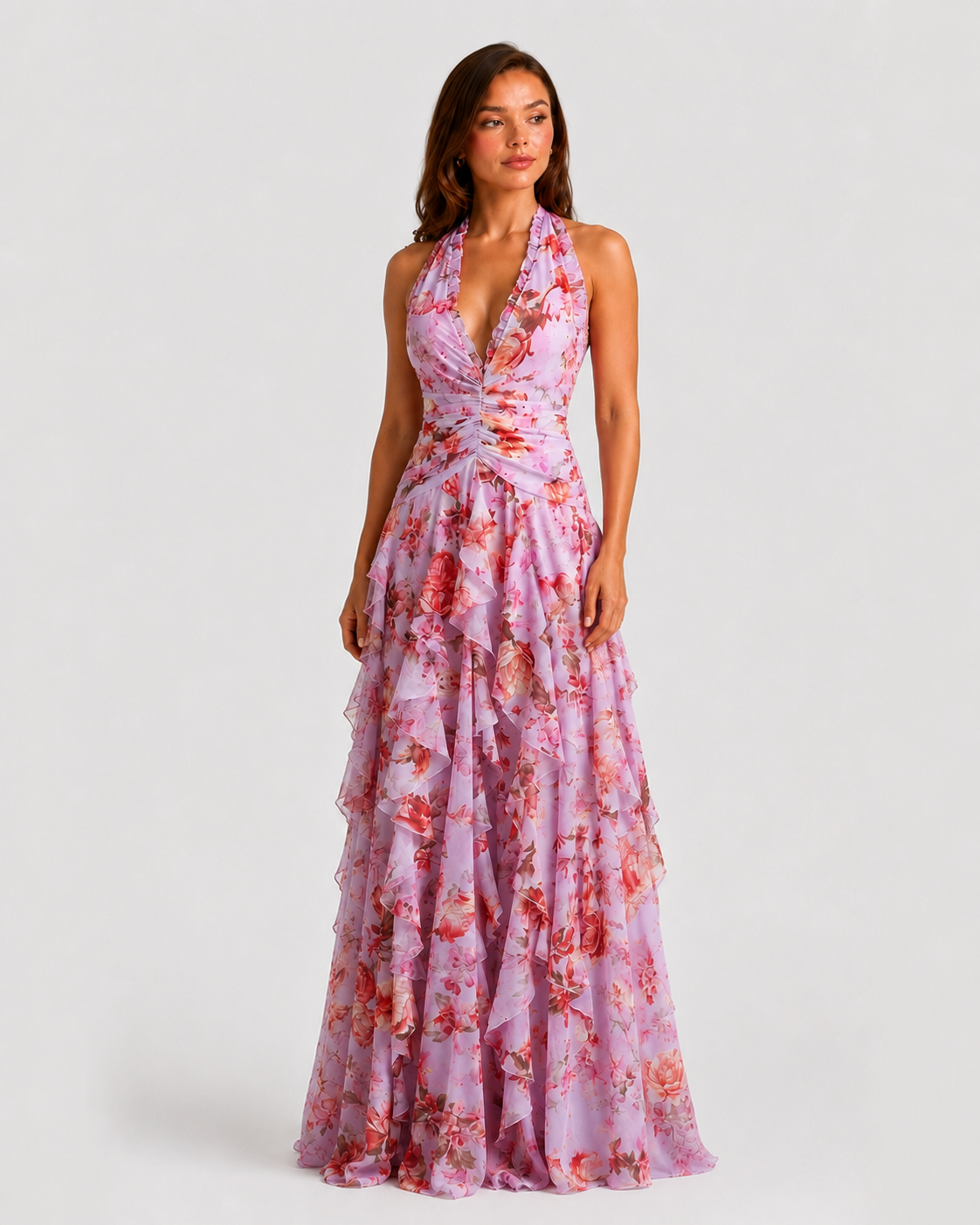 Woman wearing a floral dress on a white background