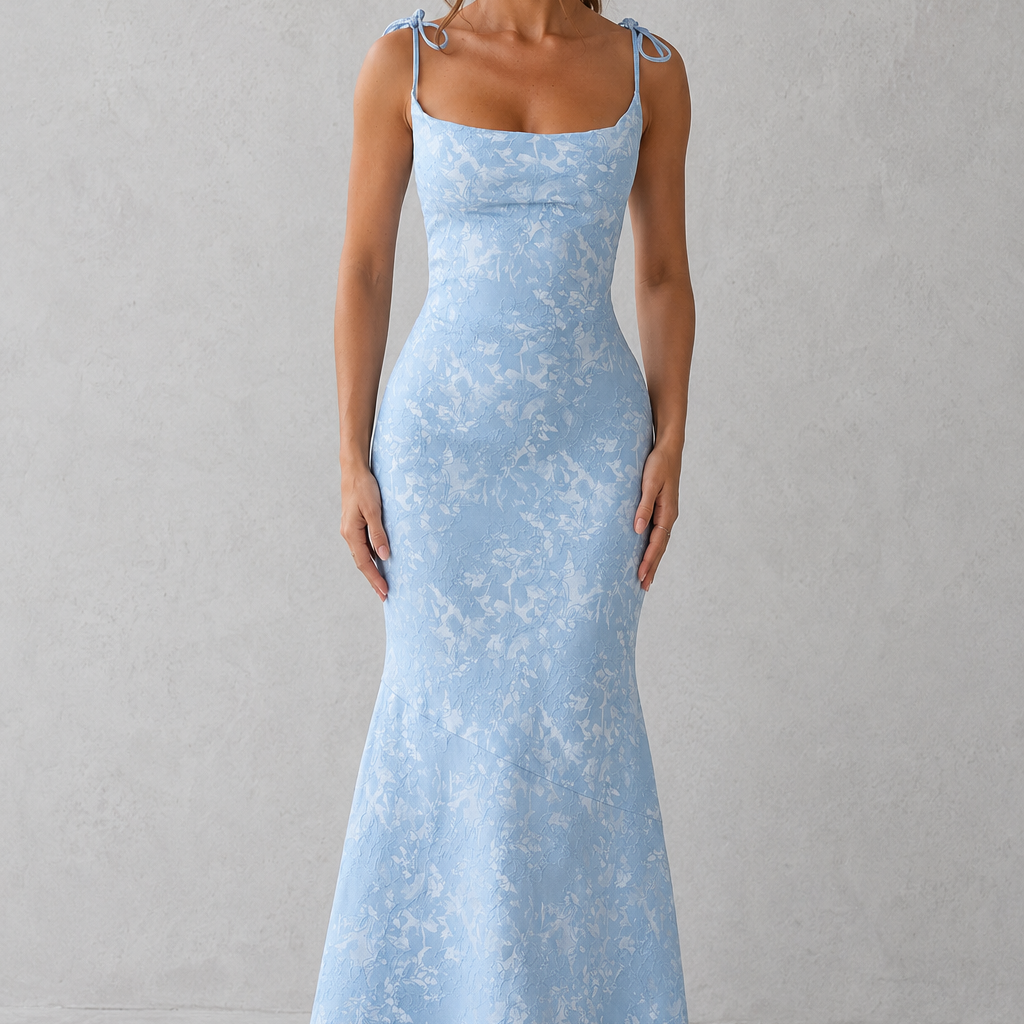 Woman wearing a light blue lace dress against a gray background