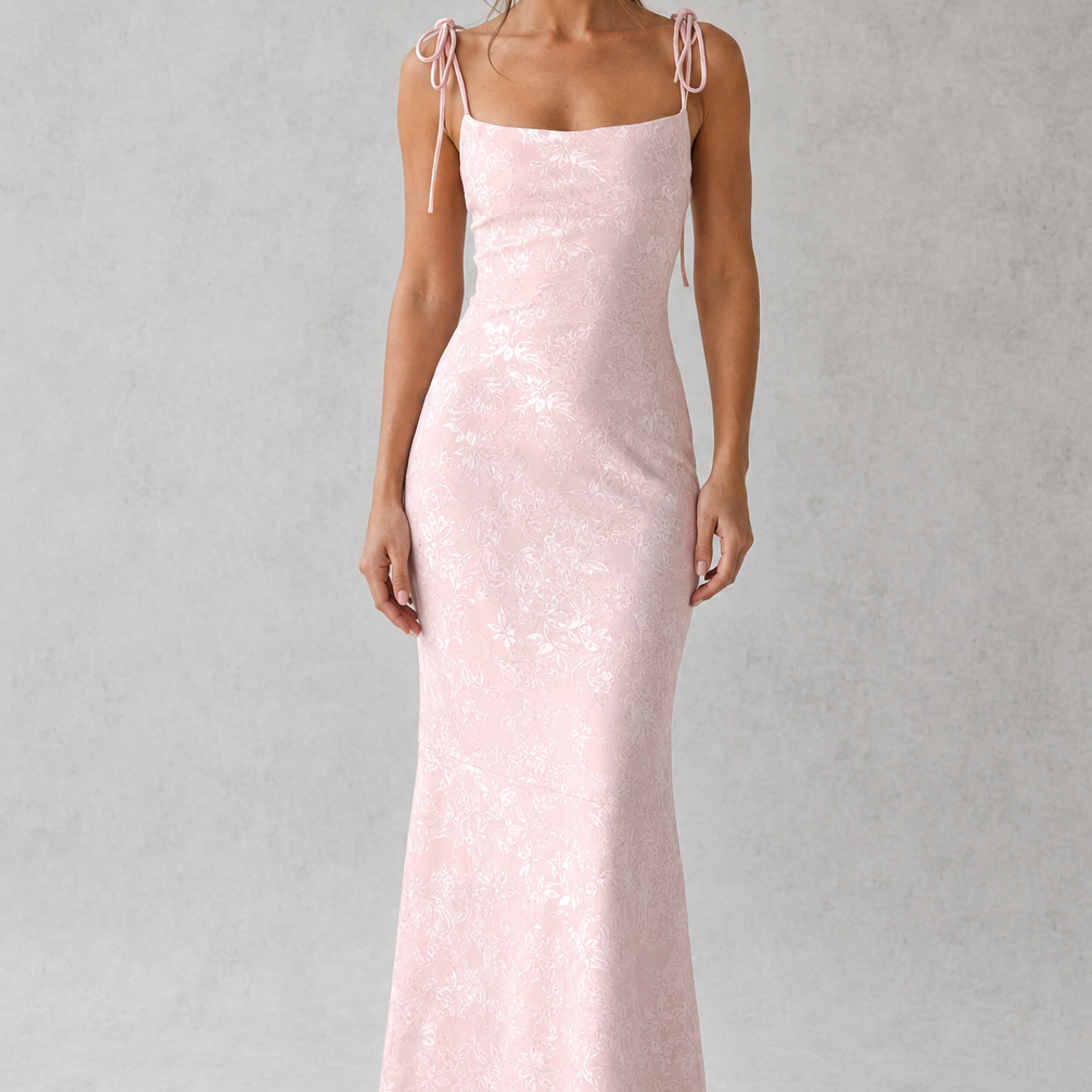 Woman wearing a light pink dress against a gray background