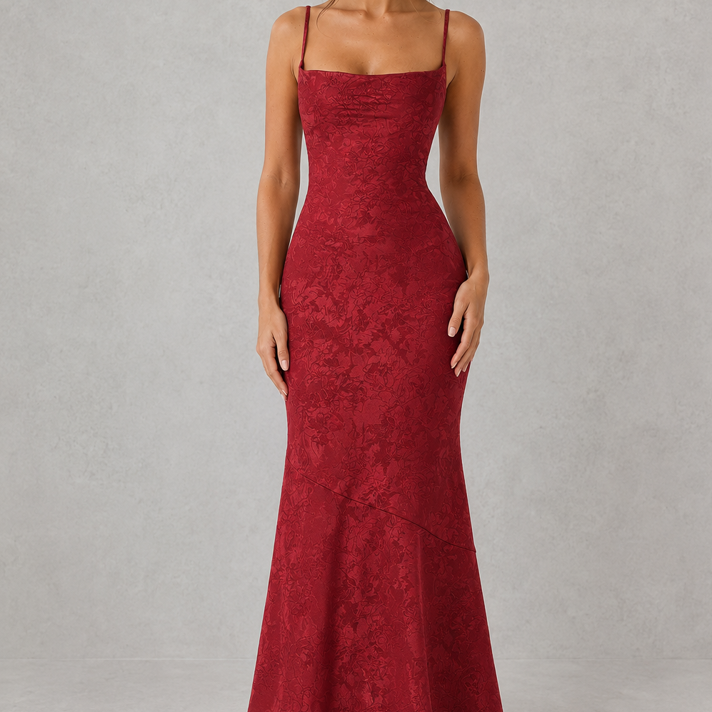 Woman wearing a red lace dress against a gray background