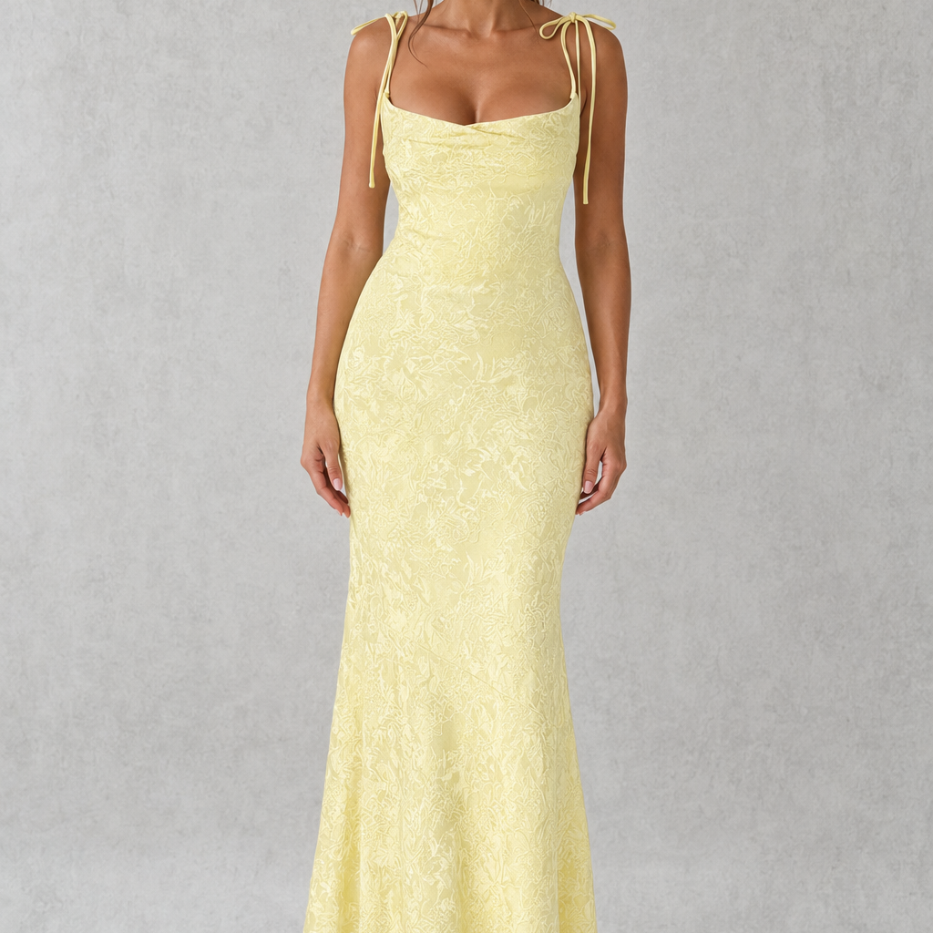 Woman wearing a light yellow evening gown against a gray background