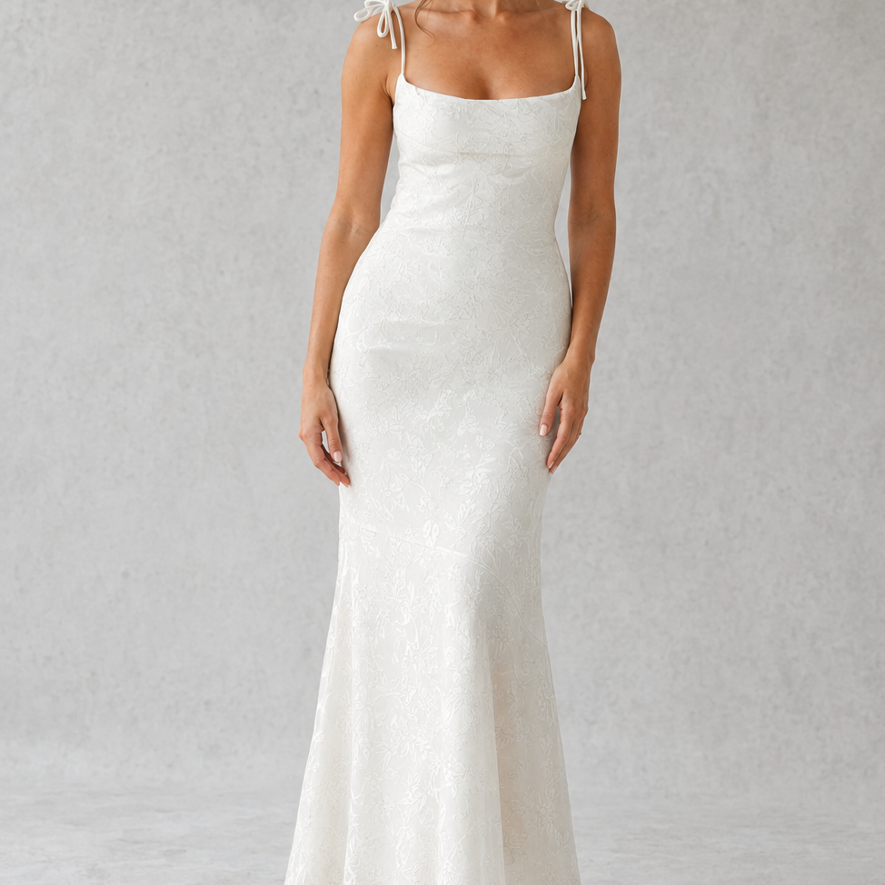 Woman wearing a white slip dress against a plain background