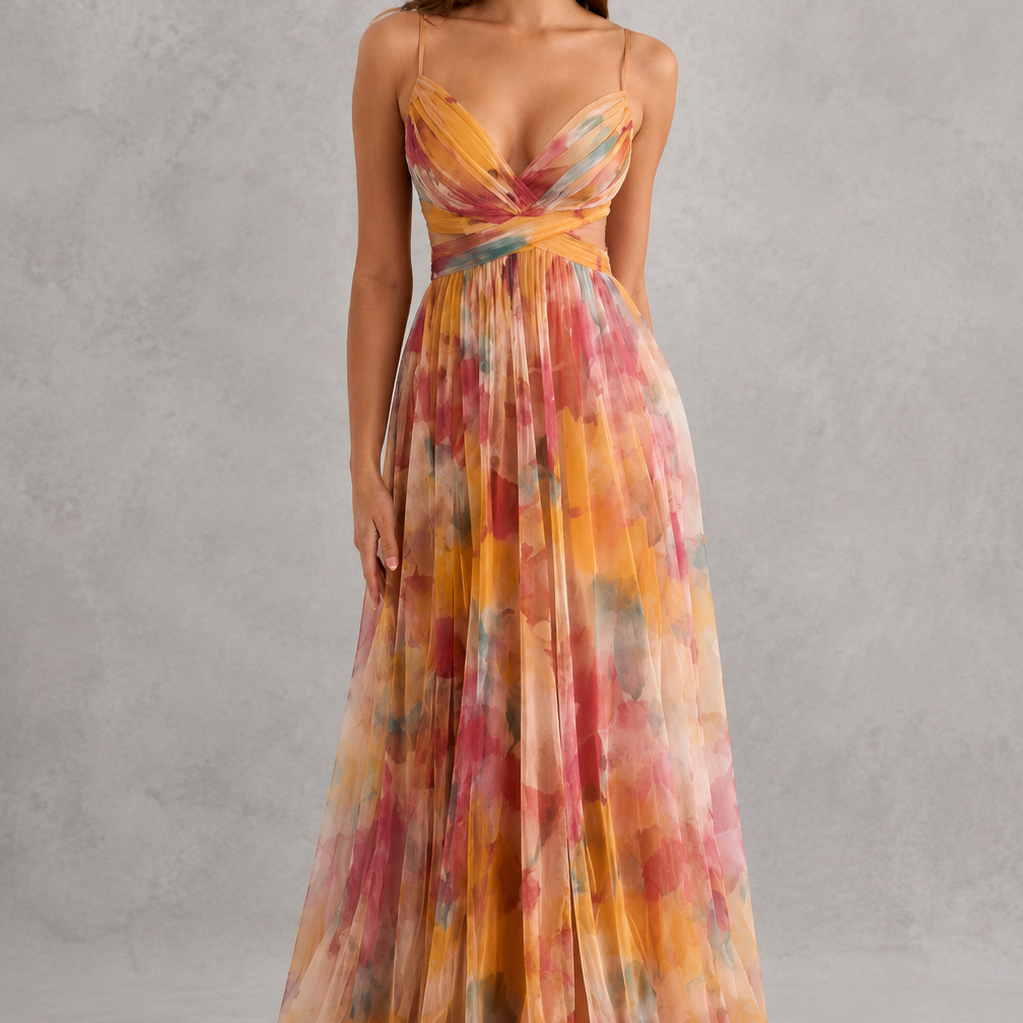 Woman wearing a colorful floral dress against a gray background