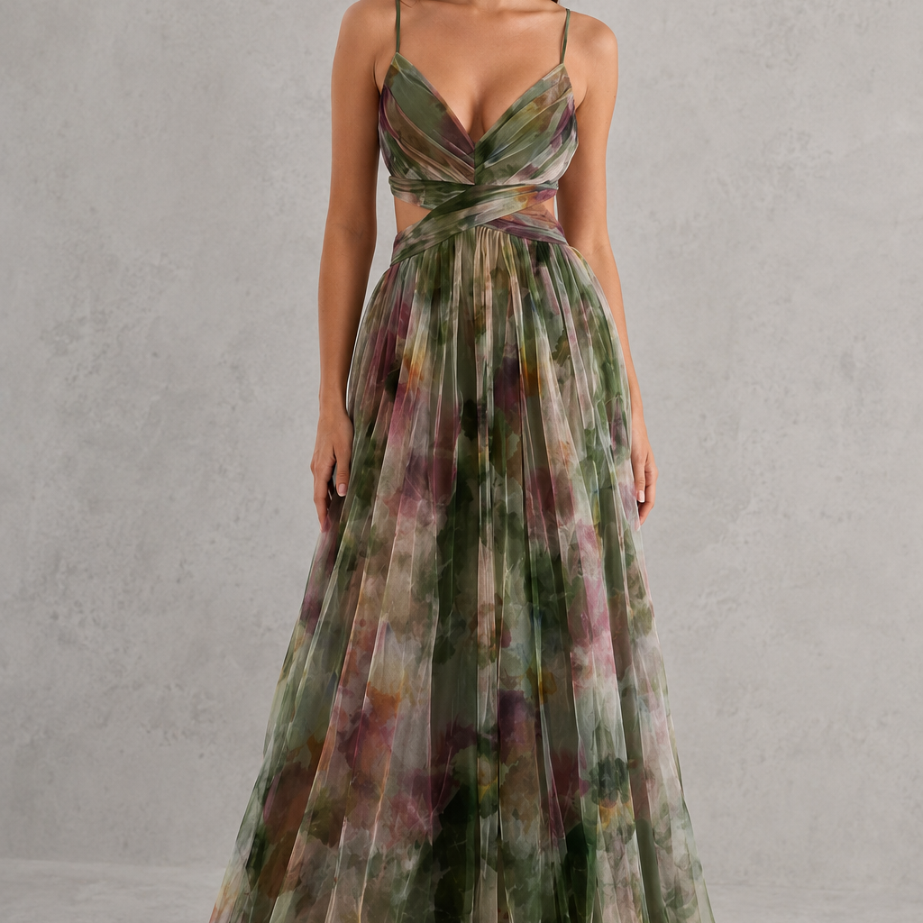 Woman wearing a floral dress against a gray background