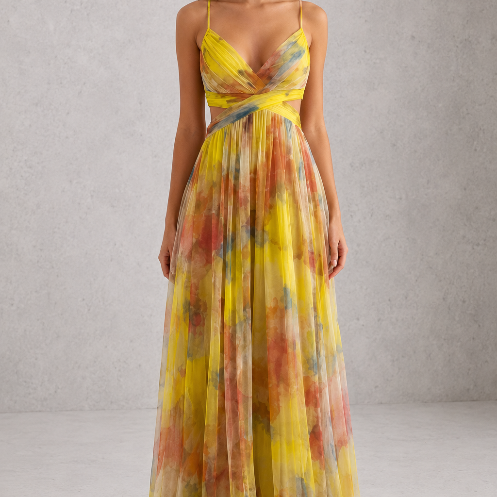 Woman wearing a colorful dress against a neutral background