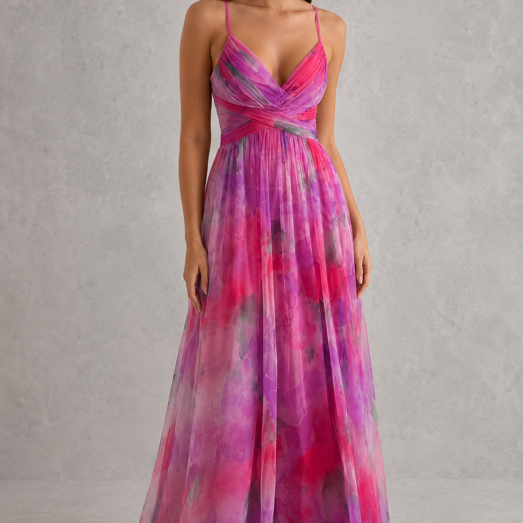Woman wearing a vibrant, multicolored dress against a plain background