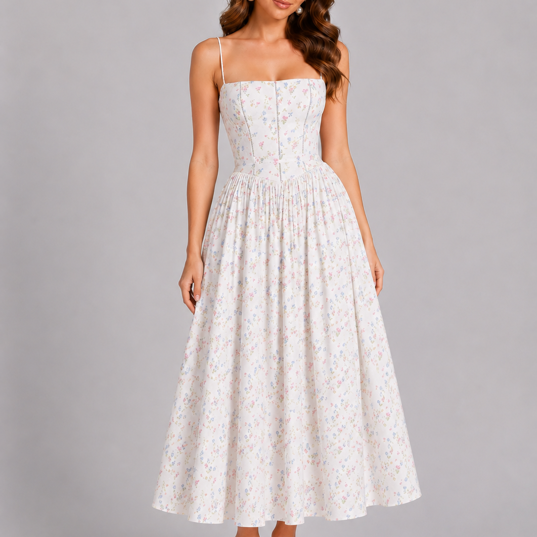 Woman wearing a white floral dress against a gray background