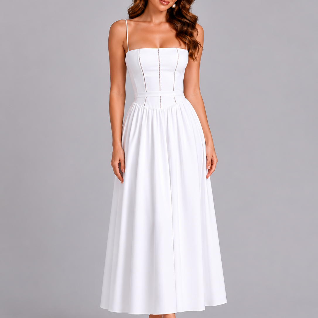 Woman wearing a white dress on a gray background
